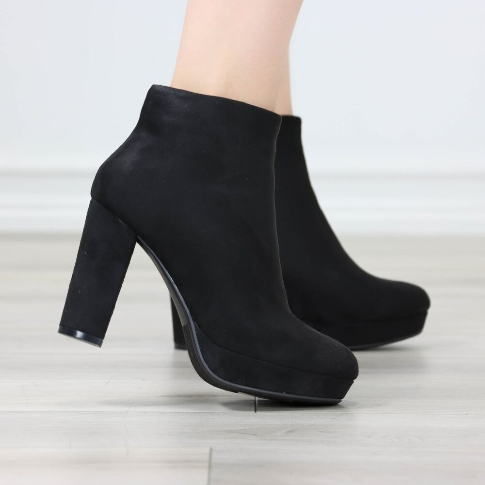 Black Faux Suede Platform Booties Block Heel Side Zip - Picture 5 of 11